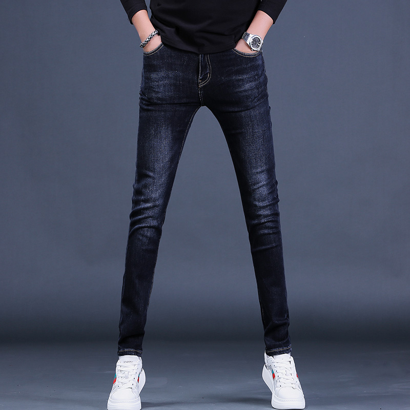 高端轻奢黑蓝色牛仔裤男士秋季新款修身小脚韩版潮牌休闲长裤子男