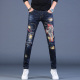 男修身 蓝色高端印花牛仔裤 小脚弹力男士 休闲长裤 子 秋季 潮流裤 新款