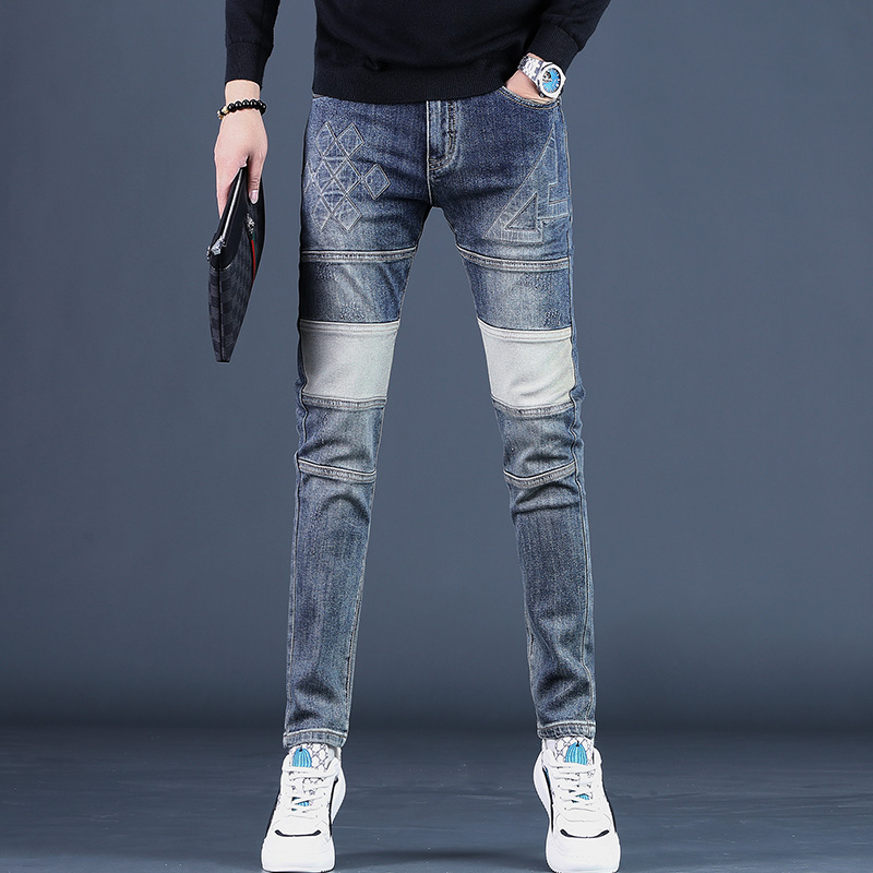 2025秋季新款牛仔裤男修身直筒韩版潮流欧美潮牌拼接压花男士裤子