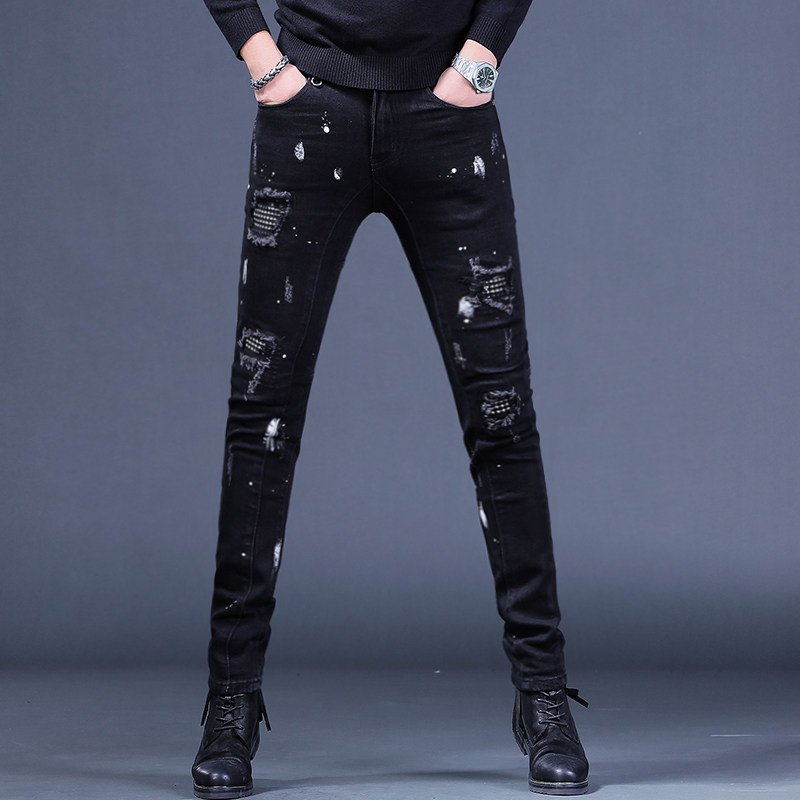 秋季欧美嘻哈泼墨牛仔裤男修身小脚韩版潮流潮牌破洞补丁裤子男士,男装,牛仔裤,淘宝优惠券,粉丝福利购,淘宝优惠卷