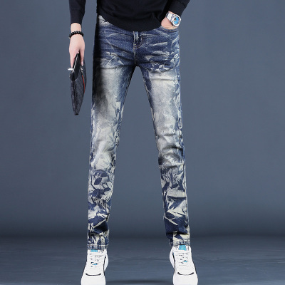 高端时尚印花牛仔裤男款秋季2025新款直筒修身蓝色裤子潮流男士潮