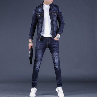 秋季男士印花烫钻高端牛仔套装男潮牌修身牛仔衣服帅气夹克男外套