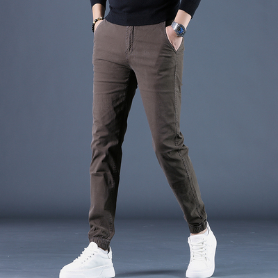 秋冬季新款男士裤子工装裤男束脚裤棉料咖啡色休闲裤男修身小脚裤
