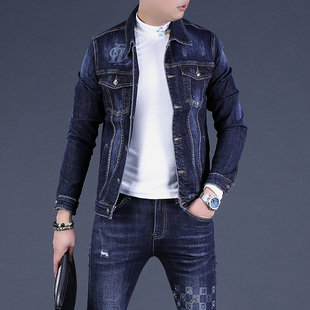 2025秋季男士印花牛仔衣男上衣韩版男款蓝色烫钻休闲外套修身夹克