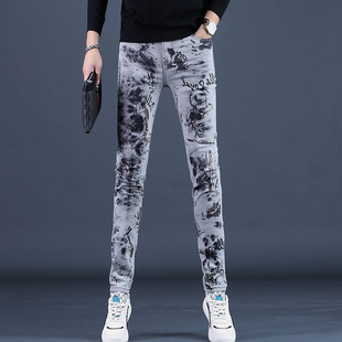 2025秋冬新款高档不规则印花牛仔裤男款修身显瘦弹力男士裤子潮流