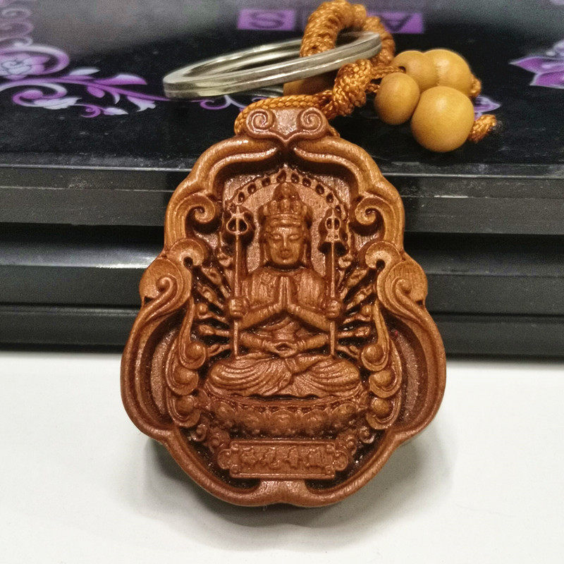 桃木雕刻生肖鼠千手观音守护钥匙扣本命汽车挂件包包饰品吉祥项坠