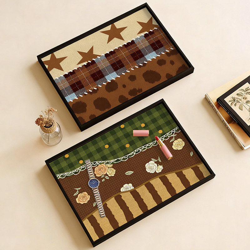 轻奢风托盘玄关收纳盘高档皮质香薰长方形首饰钥匙化妆品置物家用