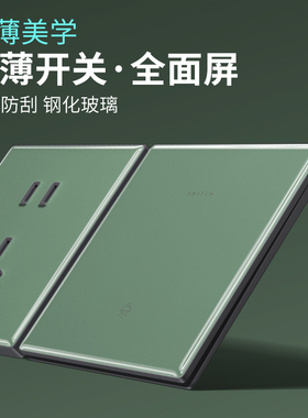 国际电工超薄瓦松绿钢化玻璃开关插座面板86型暗装一开双控带五孔