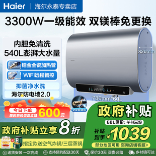海尔电热水器家用扁桶60升一级能效超薄双胆镁棒免换浴室洗澡统帅