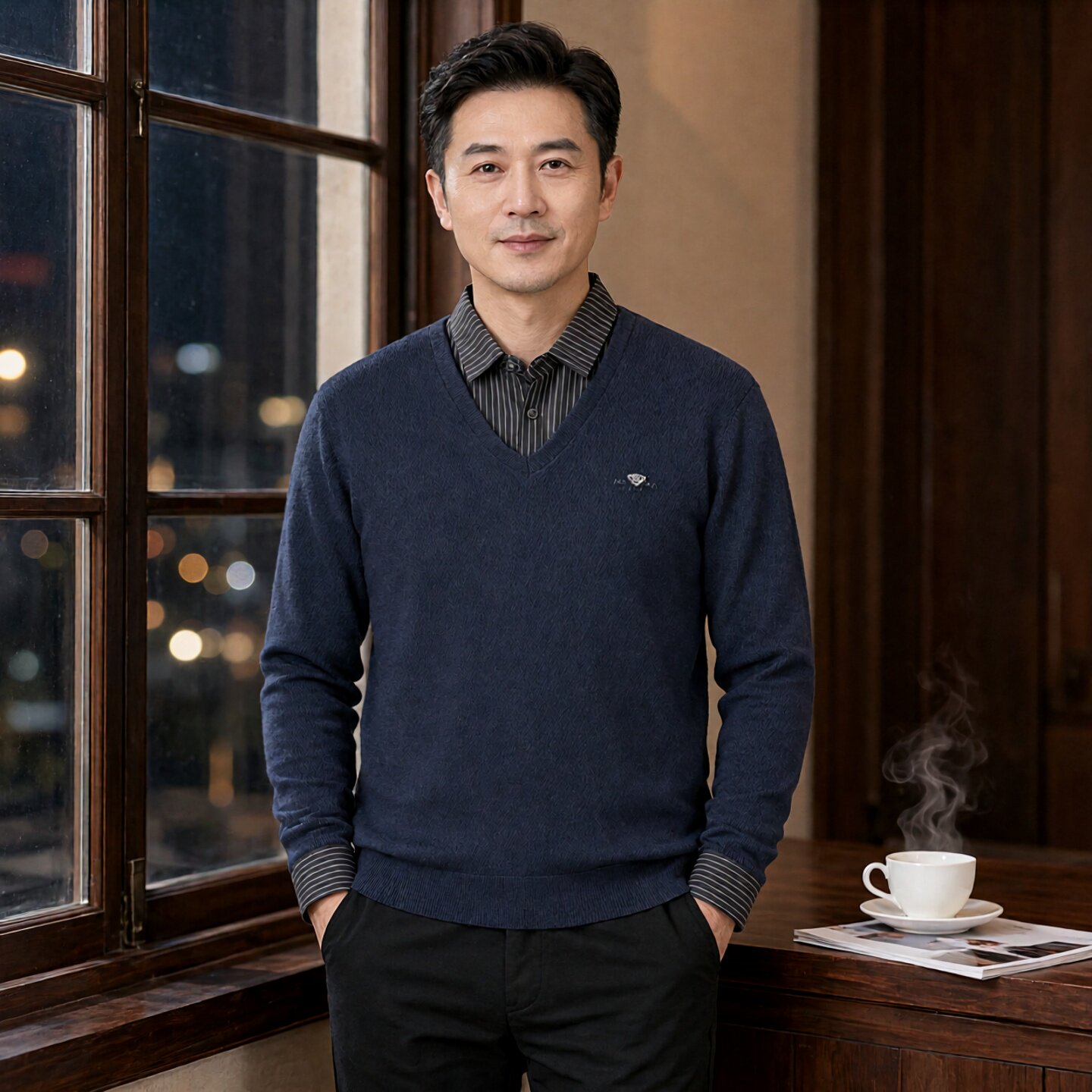 爸爸精梳棉假两件长袖T恤