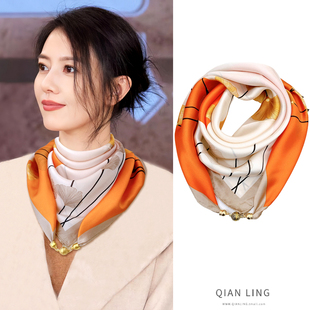 洋气百搭磁吸扣小方巾女丝巾春秋护颈围脖领巾2025新款时尚薄围巾