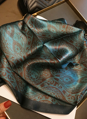 墨绿色图腾真丝方巾女复古丝巾春秋蚕丝领巾薄款装饰围巾新款百搭