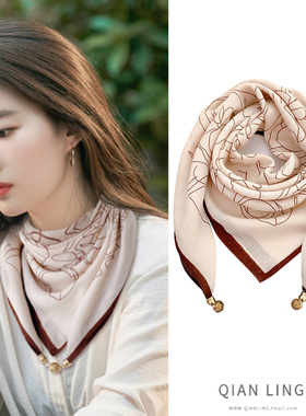 杏色百搭磁吸扣三角围巾女春夏薄款丝巾装饰方巾印花领巾洋气秋季