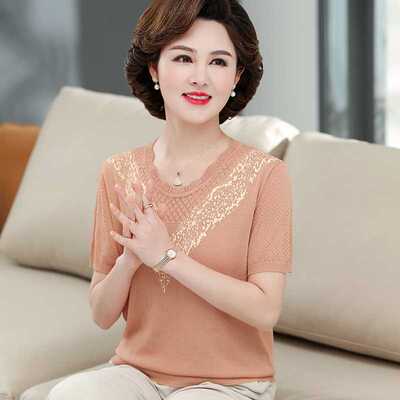 妈妈洋气针织短袖小衫中老年女夏季50-60岁夏装T恤冰丝上衣服