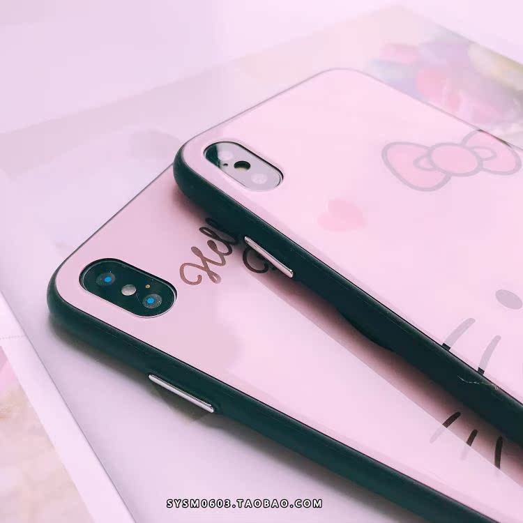 2018可爱卡通蝴蝶结猫iPhone7/8/X玻璃手机壳苹果6sp镜面外壳6s挂