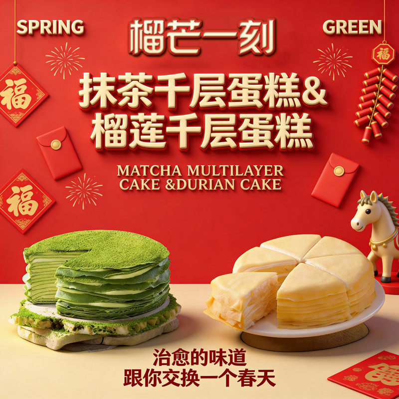 榴芒一刻抹茶榴莲千层蛋糕生日蛋糕动物奶油新年年货礼物甜品零食