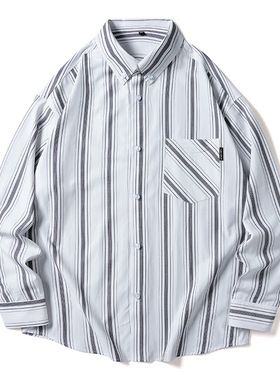 帝创者C2361K新款男士长袖衬衣复古竖条纹经典宽松长袖衬衣