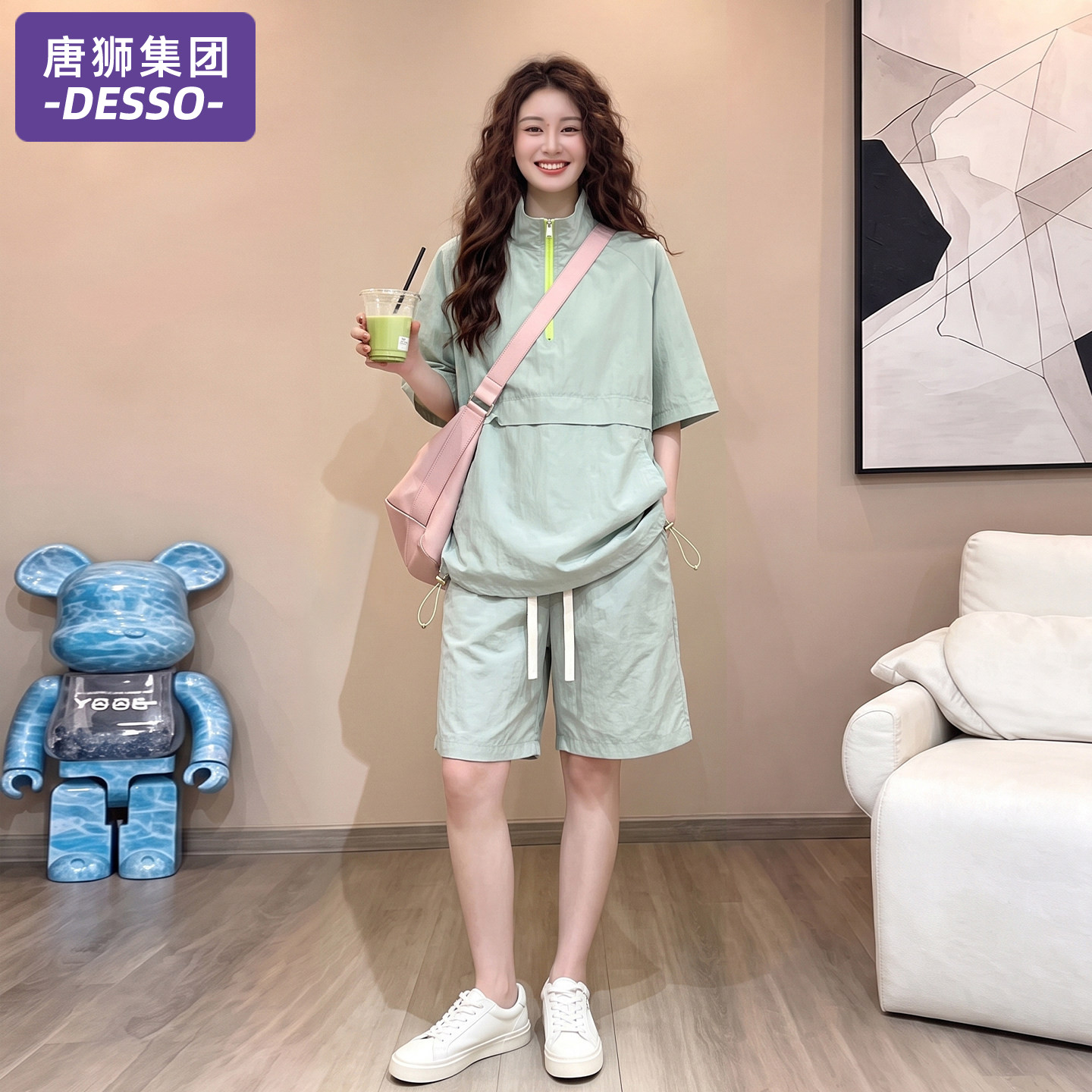 唐狮集团运动套装女2026新款夏季薄款半拉链大码宽松短袖速干短裤图片