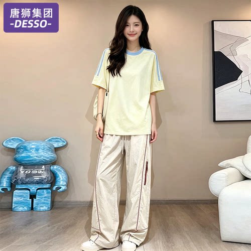 唐狮集团运动服套装女2026新款夏季纯棉拼接短袖冰丝工装裤两件套