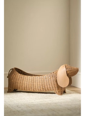 现 纽约下城公园进口腊肠小狗精细柳条编织装饰收纳筐摆件