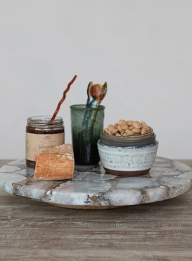 现 纽约下城公园进口冷凝天然奢华玛瑙旋转托盘带芒果木底座