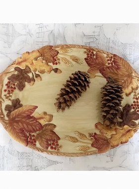 现 纽约下城公园进口浪漫秋色枫叶麦穗松果陶瓷装饰托盘收纳盘
