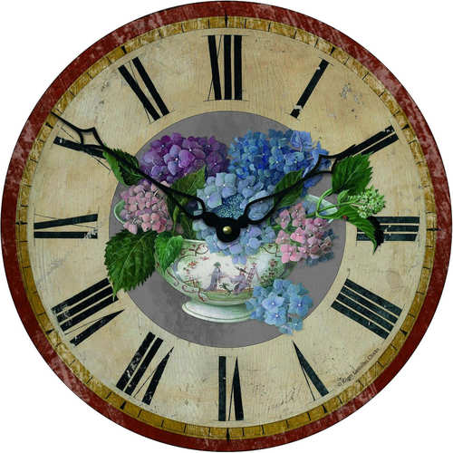 现纽约下城公园进口古典东方风插画花卉写生罗马数字木板装饰挂钟
