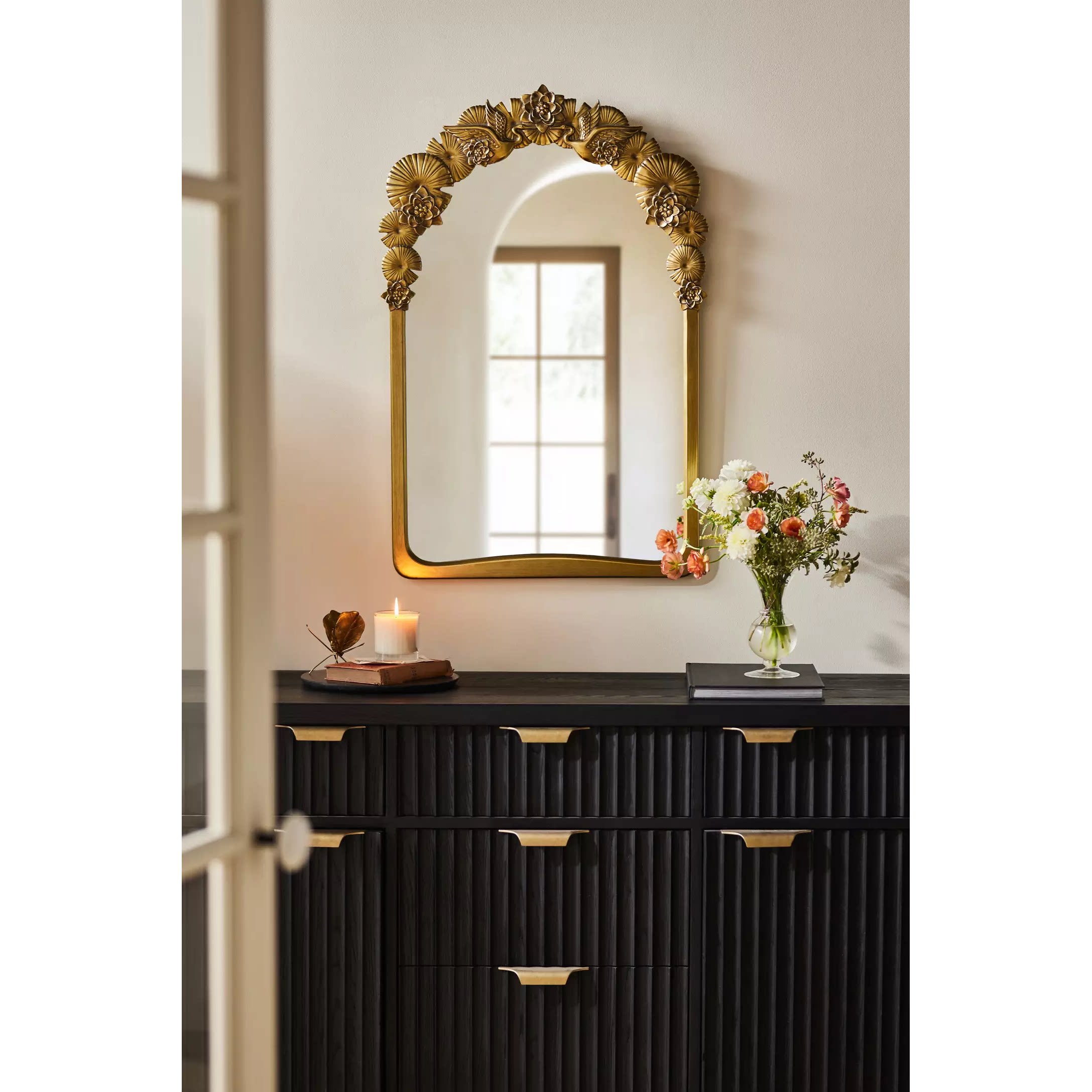 现纽约下城公园进口复古金色双鹤荷花浮雕拱形古典艺术壁挂梳妆镜