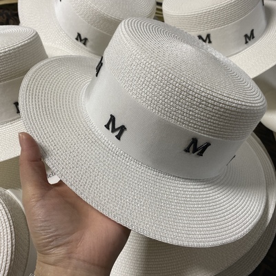 春夏新款纯白色平顶M字草帽宽檐小礼帽