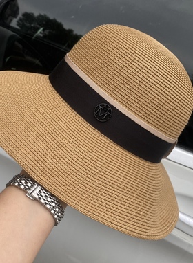 2025春夏新款草帽度假出游遮阳防晒宽檐卡其色盆帽帽檐可凹造型女