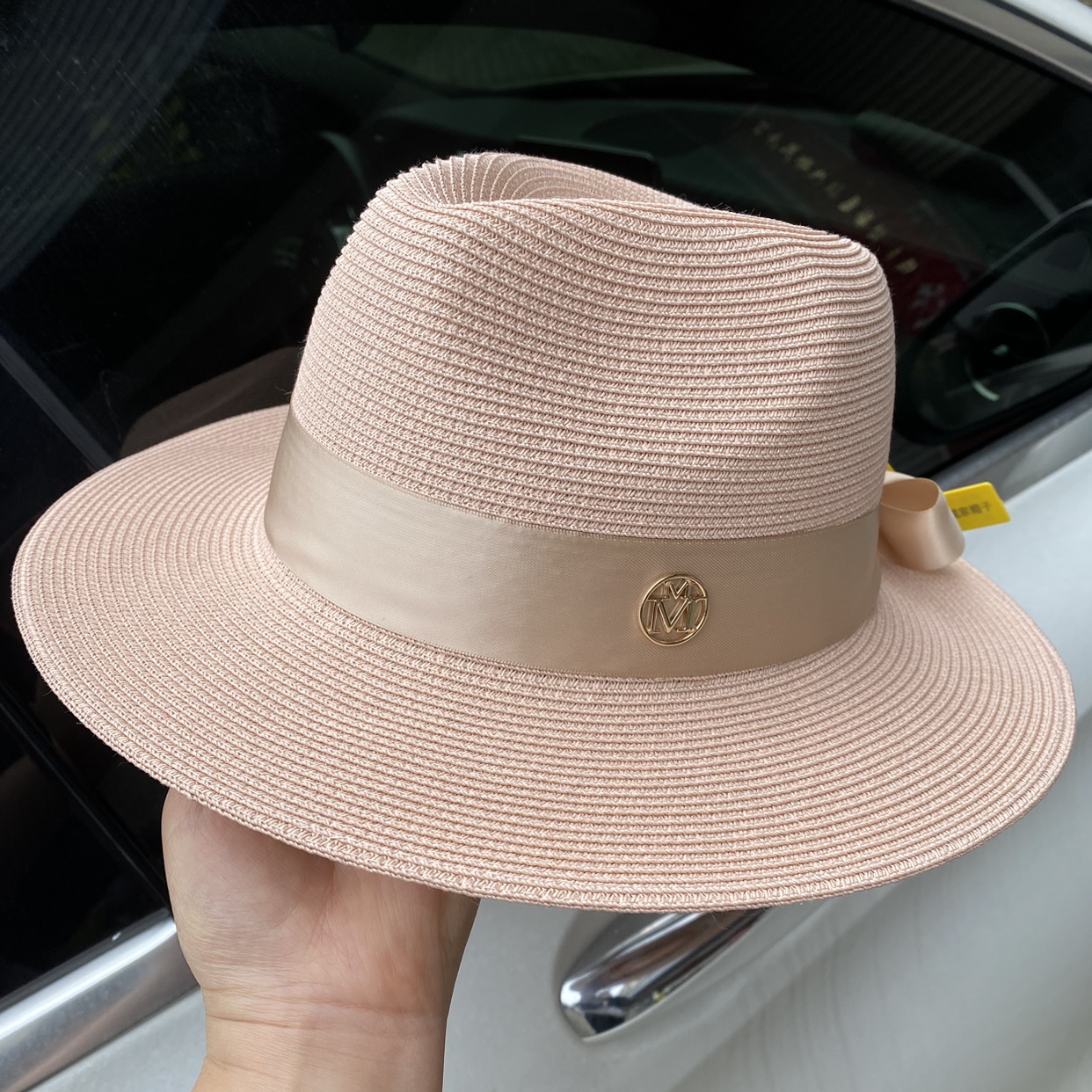 草帽新款皮粉m标海边蝴蝶结礼帽