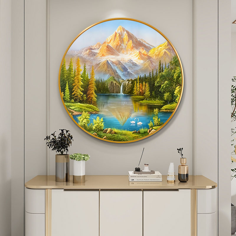 聚宝盆玄关装饰画山水画沙发背景墙挂壁圆形简约手绘油画风景挂画图片