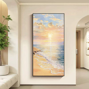 大芬村纯手绘油画海上日出客厅玄关装饰画现代简约竖版风景挂画