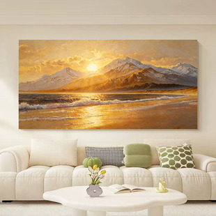 大芬村现代纯手绘油画海上日出客厅装饰画立体轻奢高级感横幅挂画