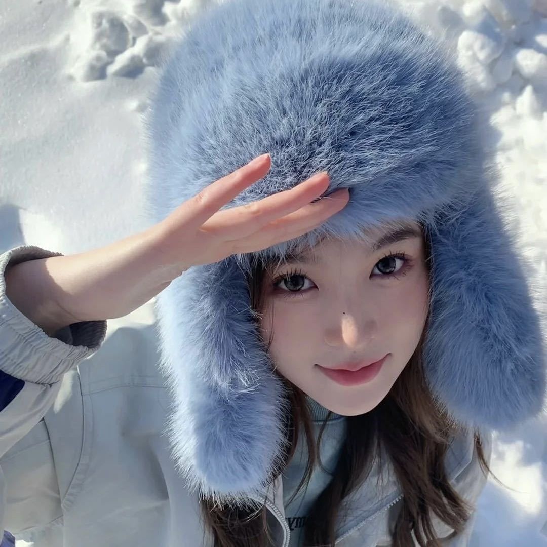 蓝色仿貂绒雷锋帽女冬毛绒绒北方滑雪防寒保暖护耳帽加绒加厚
