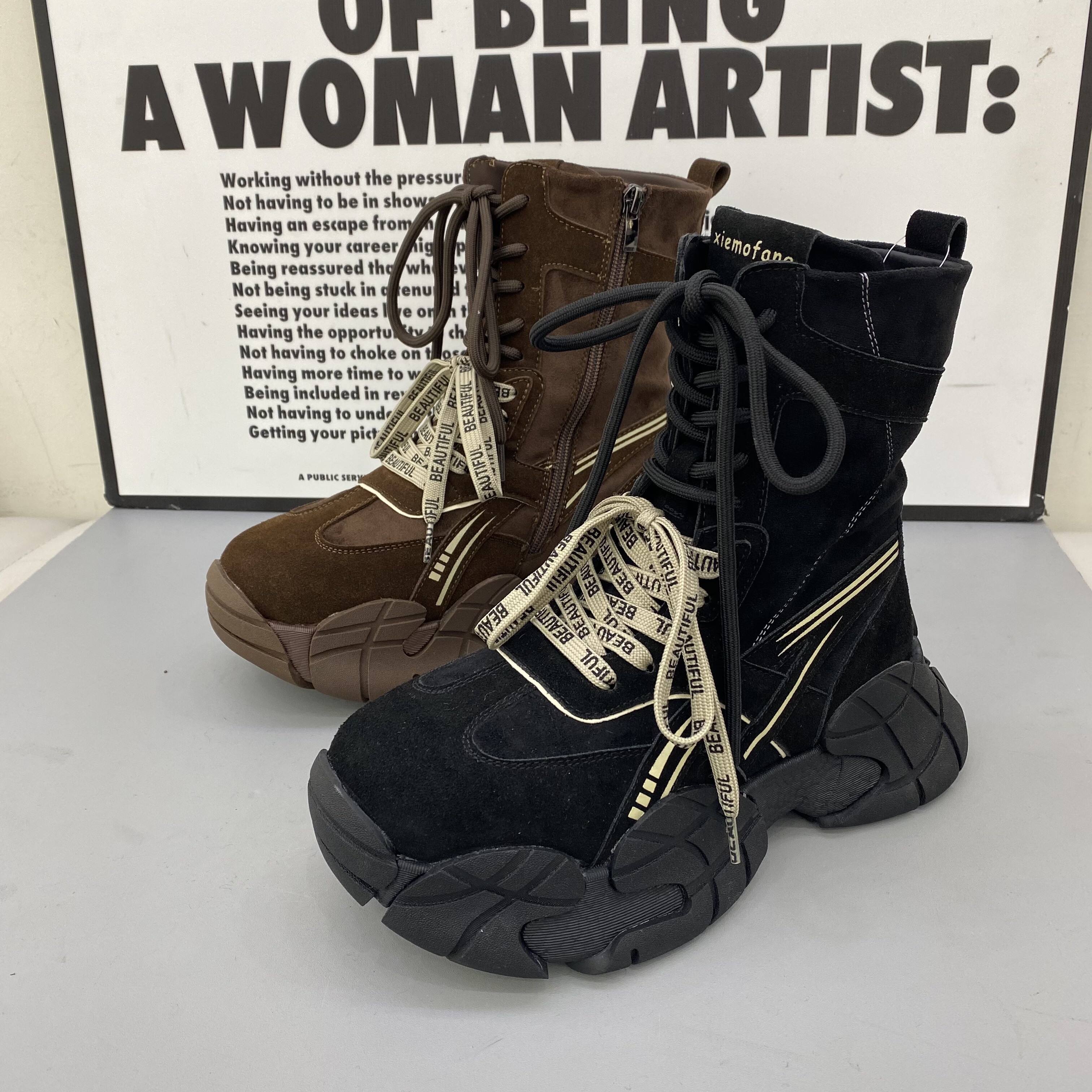 2025冬季女靴防滑松糕厚底加棉高帮休闲鞋磨砂皮中筒大棉老爹鞋