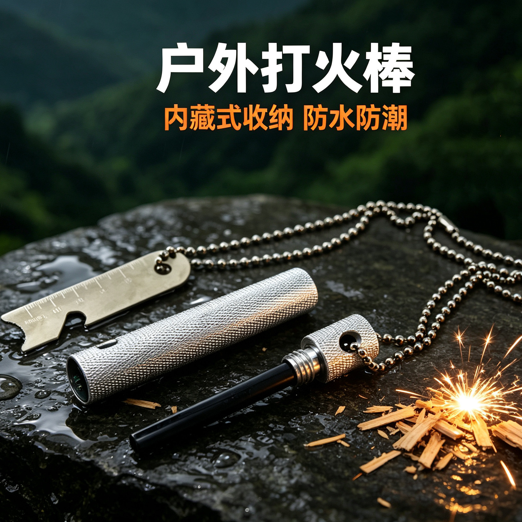 户外打火棒引火棒求生防水防潮内藏式取火棒挂链点火棒实心打火石