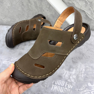 夏季镂空包头凉鞋凉拖两用纯手工沙滩鞋头层牛皮软底男士开车鞋子