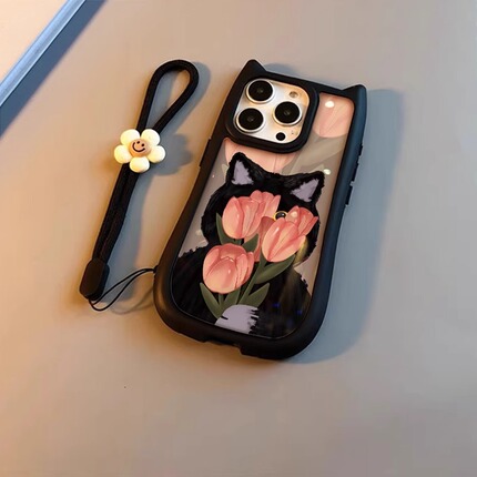 Flower Cat Design Phone Case for Apple 15 Pro Max, New iPhone 14 Plus Protective Cover, Simple Trendy Brand, Airbag Anti-Drop, 13 Pro Fairy Cat Ear with Hand Strap, 12 High-End Soft Case