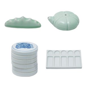 水流星陶艺绘画文房带盖墨池笔山研钵五碟一盖砚滴调色景德镇瓷器