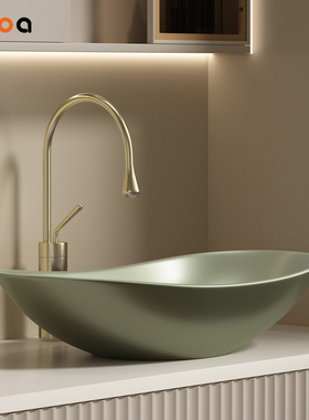 椭圆形艺术盆轻奢元宝陶瓷洗手盆家用台上盆橄榔绿金属质感酒店风