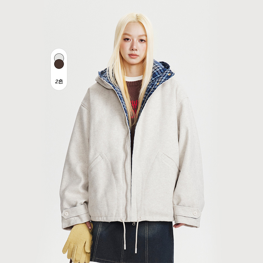 CATTEE美式纯色格子拼接连帽棉服