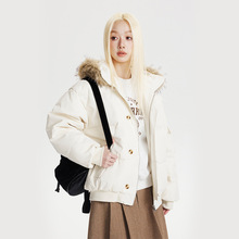 CATTEE美式复古90白鸭绒毛领连帽羽绒服男女冬季防寒保暖短外套潮