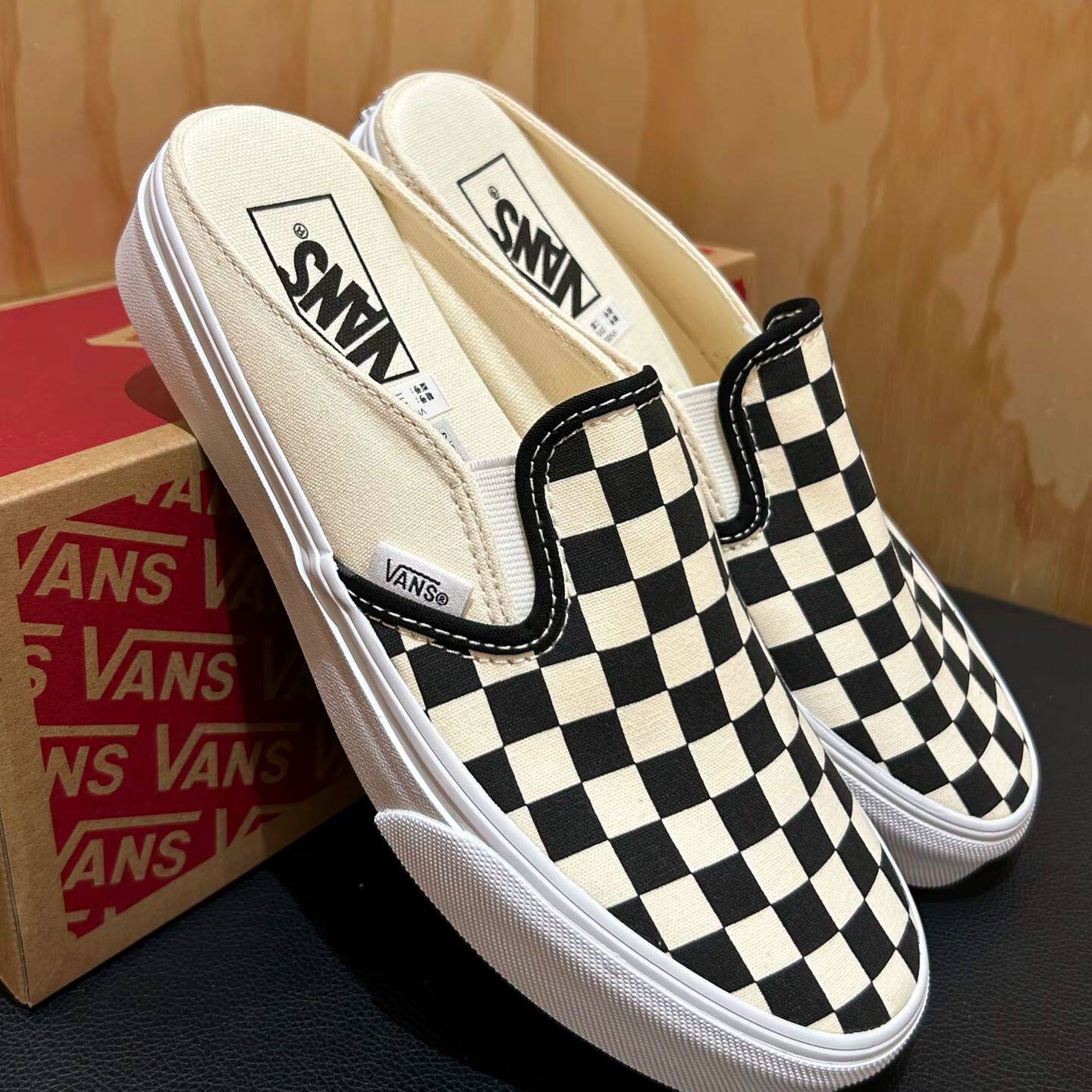 VANS范斯黑白格一脚蹬帆布鞋女