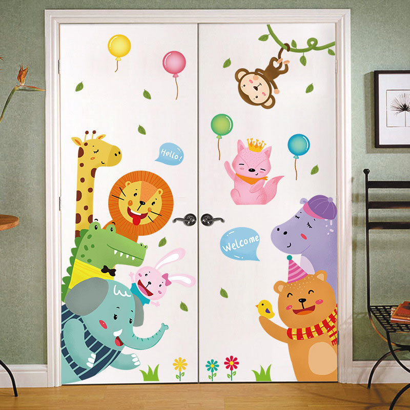 墙贴可爱卡通动物欢迎团儿童房装饰贴纸幼儿园多巴胺风玻璃贴门贴