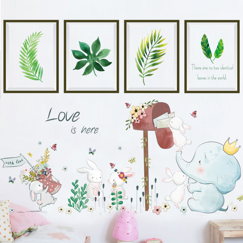 墙贴小清新卡通小象仿真画客厅卧室背景装饰儿童房布置贴画出租屋