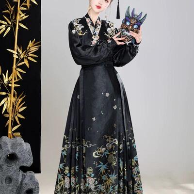 仙袂汉衣锦竹马面裙女汉服套装2024秋冬新款明制原创高端黑色国风