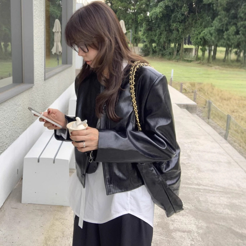 韩国chic 秋季新款复古个性帅气好质感PU皮机车皮夹克外套女百搭
