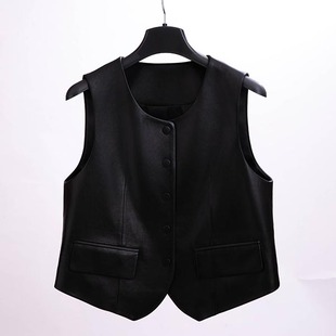 2024春季新款真皮马甲女短款绵羊皮圆领无袖坎肩背心百搭显瘦外套