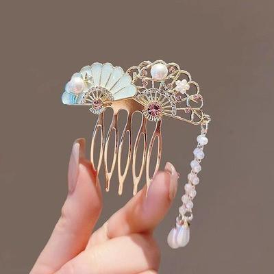 新中式扇子发梳汉服流苏发簪古风旗袍喜庆插梳发钗步摇盘发头饰品